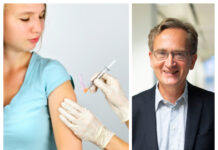 Så ska livmoderhalscancer utrotas till 2028 Bild på ung flicka som får vaccin och porträttbild på professor Joakim Dillner.