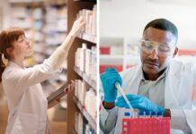 Guldläge för apotekare och biomedicinare – få sökande, många jobb Collage: Apotekare på bild till vänster, och biomedicinare/kemist till höger. Båda framtidsjobb.