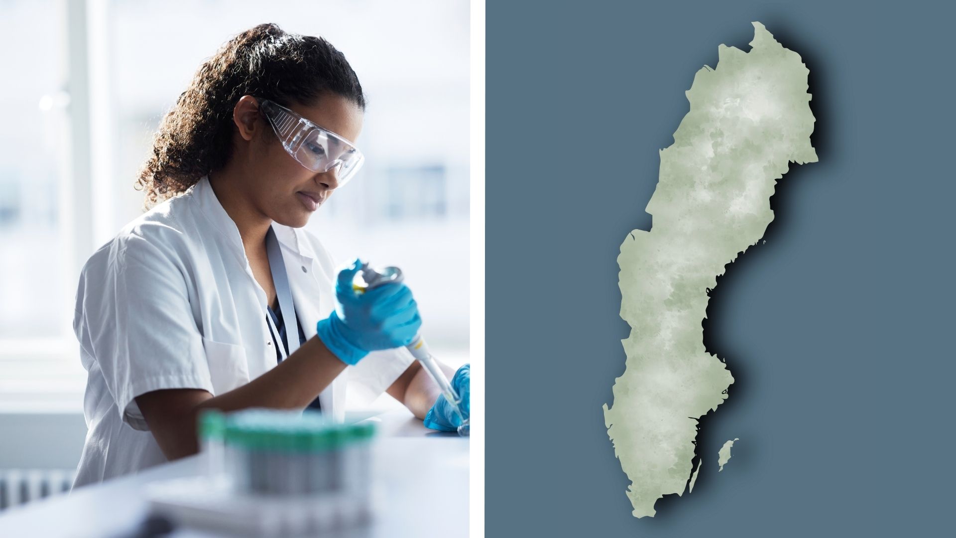 Collage: Karta över Sverige, samt klinisk prövning