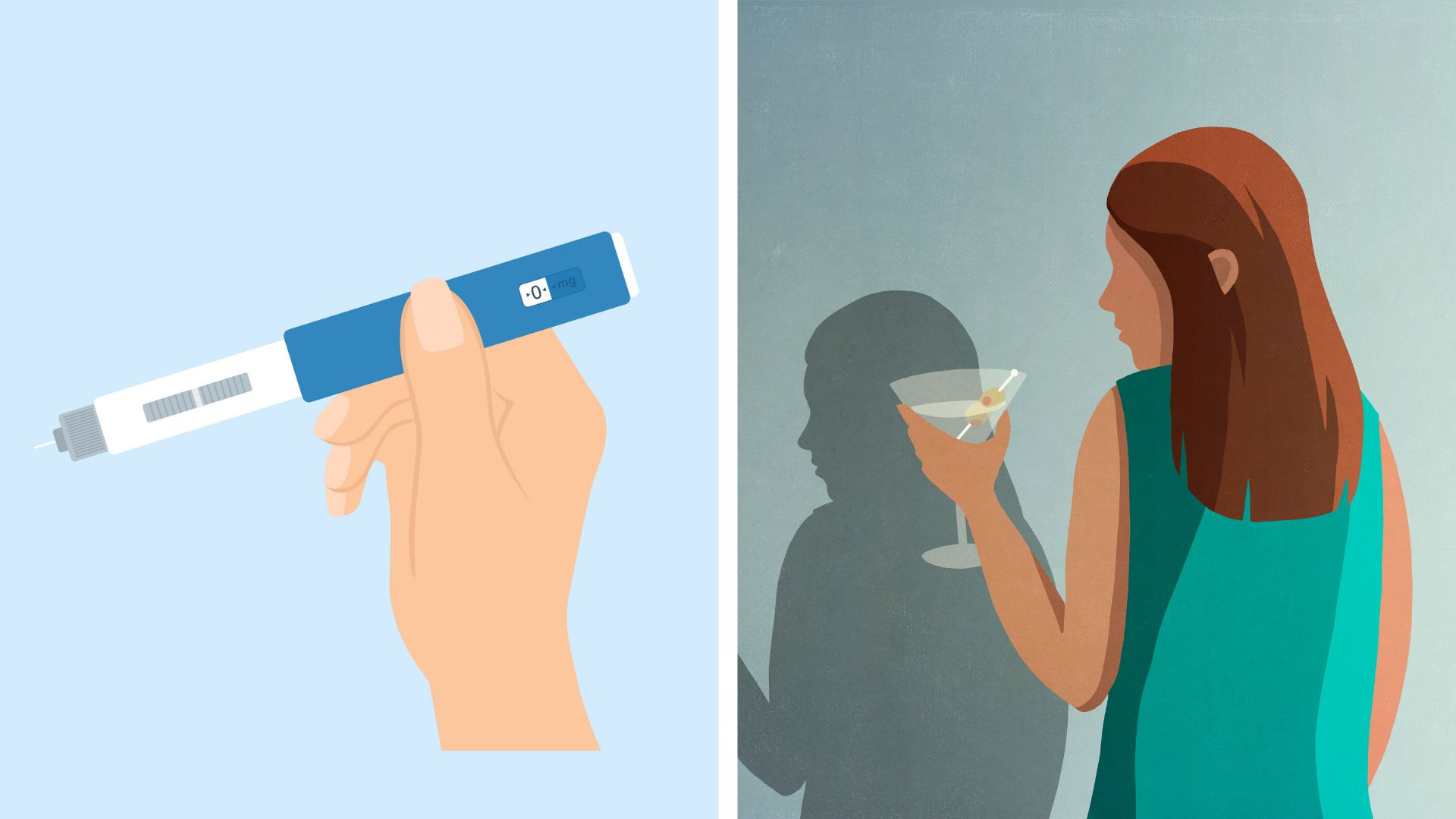 Illustration: Injektionspenna och kvinna med alkoholberoende
