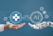 Socialstyrelsen: Vården saknar kontroll över AI-systemen AI robot hand och mänsklig hand.