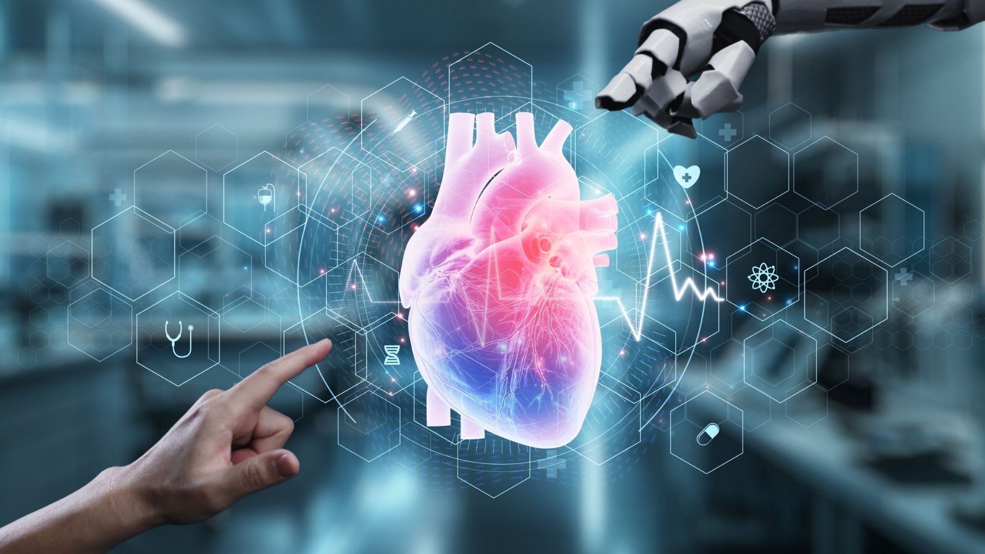 En mänsklig hand och en robothand pekar på ett hjärta för att illustrera artikeln om att en svensk AI-modell upptäckte hjärtinfarkt.